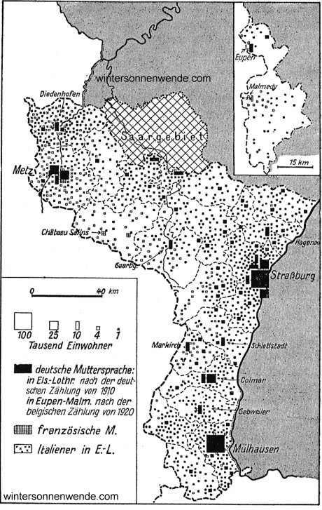 Sprachenkarte von Elsaß-Lothringen und 
Eupen-Malmedy