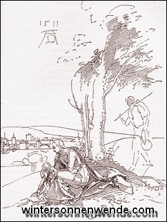 Ruhe auf der Flucht. Federzeichnung von Dürer, 1511.