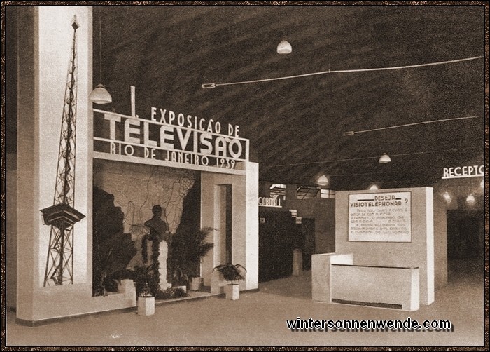 Die Deutsche Reichspost veranstaltete unmittelbar vor Ausbruch des englischen Krieges
in Rio de Janeiro eine Fernsehschau, auf der den brasilianischen Fachleuten die letzten
Ergebnisse deutscher Forschung auf diesem hochinteressanten Gebiet vorgeführt
wurden.