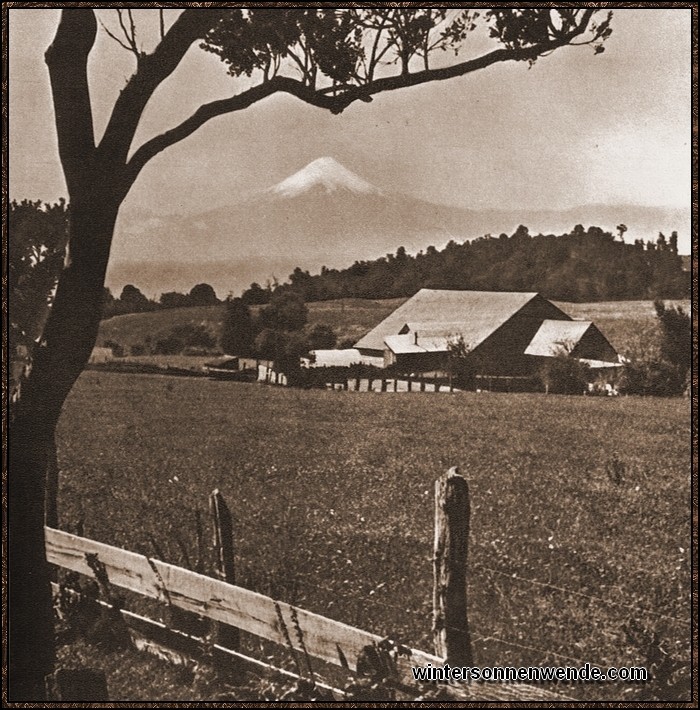 Diese deutsche Farm in Südchile könnte ihrer ganzen Anlage nach ebensogut
im Alpenvorland liegen, so haben die Deutschen durch Kultivierung des Bodens das
Landschaftsbild geändert.