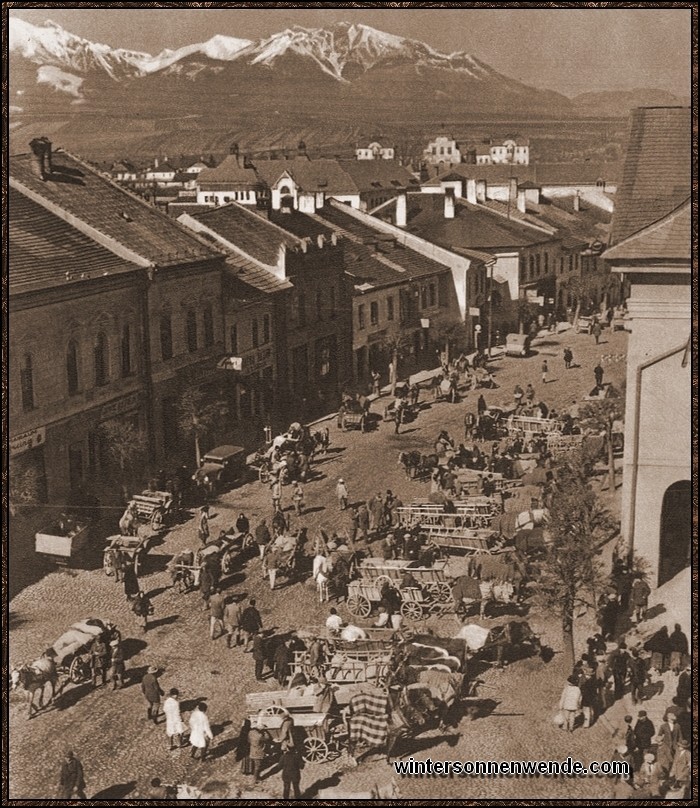 Markt in Kesmark, Zips, einer deutschen Stadt am Fuße der Tatra.