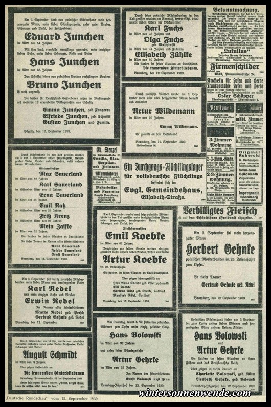 Death announcements for murdered Germans from Bromberg.