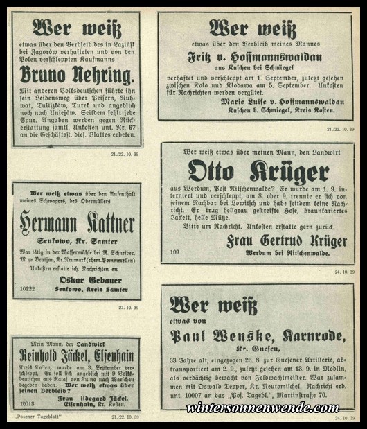 Enquiry notices concerning Germans abducted by the Poles.